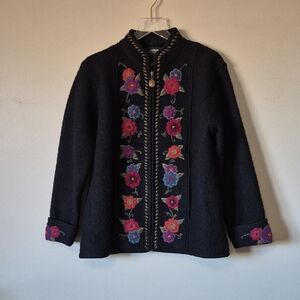 Icelandic Design Embroidered Black Wool Jacket Floral Cabincore Grandma, Size M